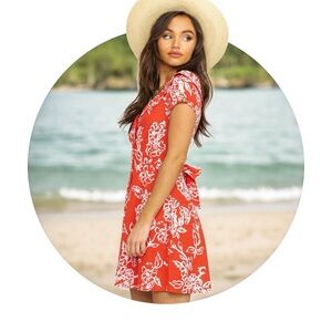 Free People sz 12 Red Floral Boho Linen Blend Button Down Belted Mini Dress